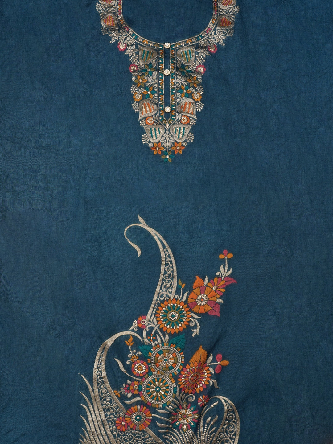 Teal Blue Unstitched Zari Silk Blend Dress Material With Dupatta