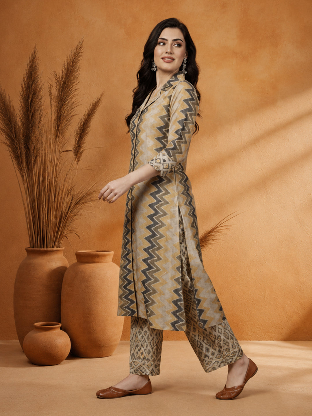 Green Geometric Printed A-line Kurta With Palazzo