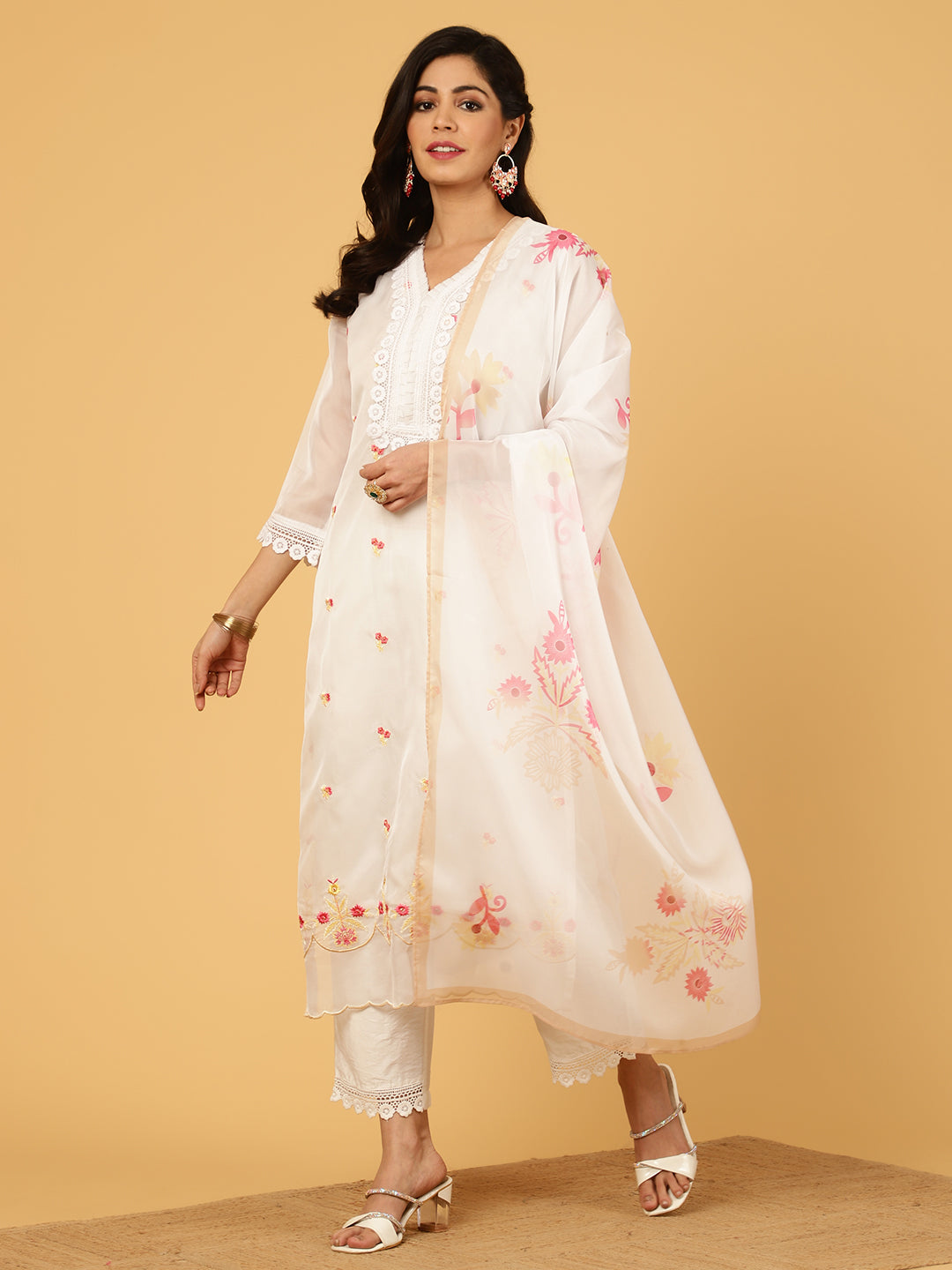 White Aari Work Art Silk Kurta With Pants And Dupatta