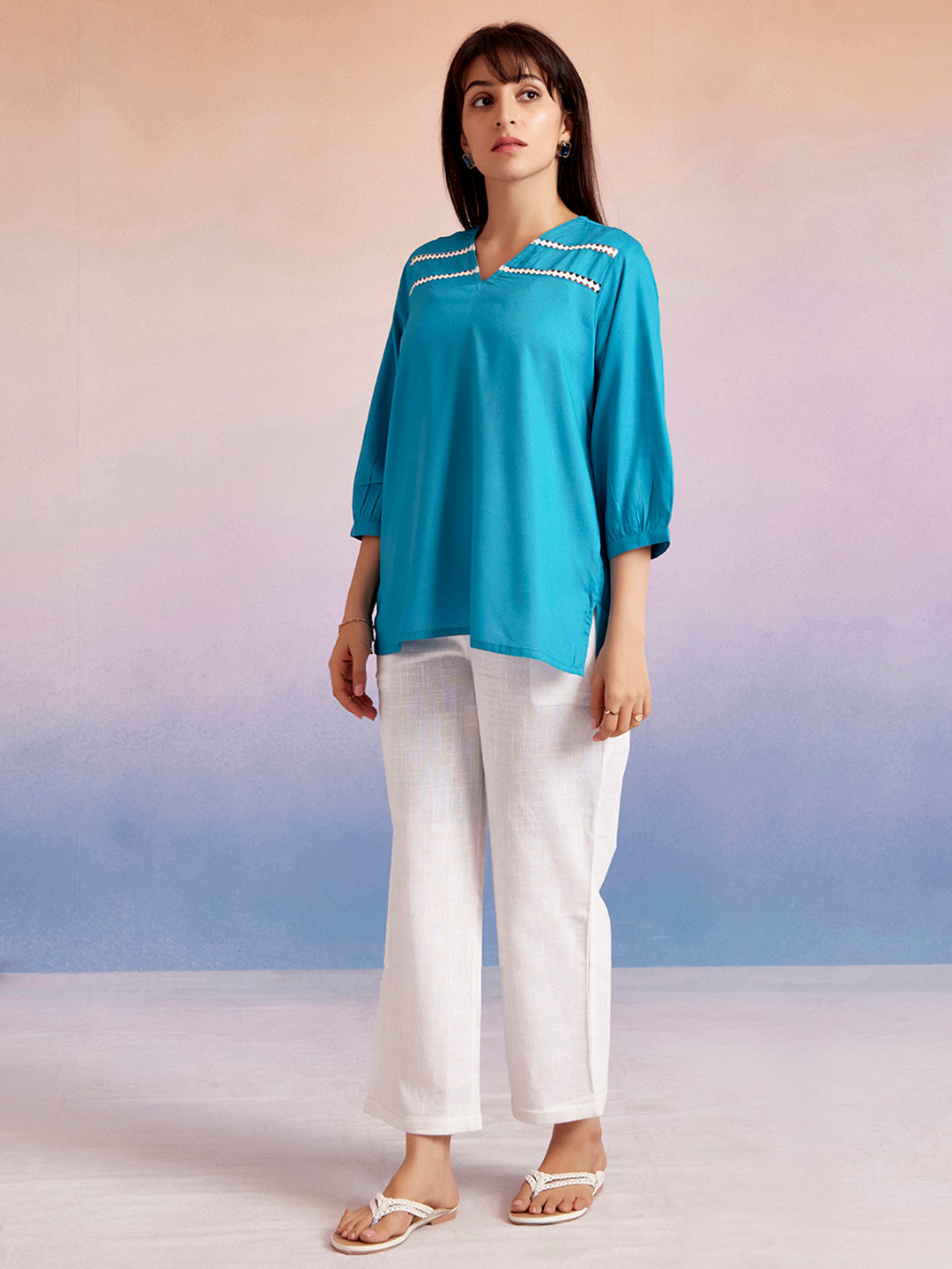 Turquoise Blue Solid High-Low Casual Top