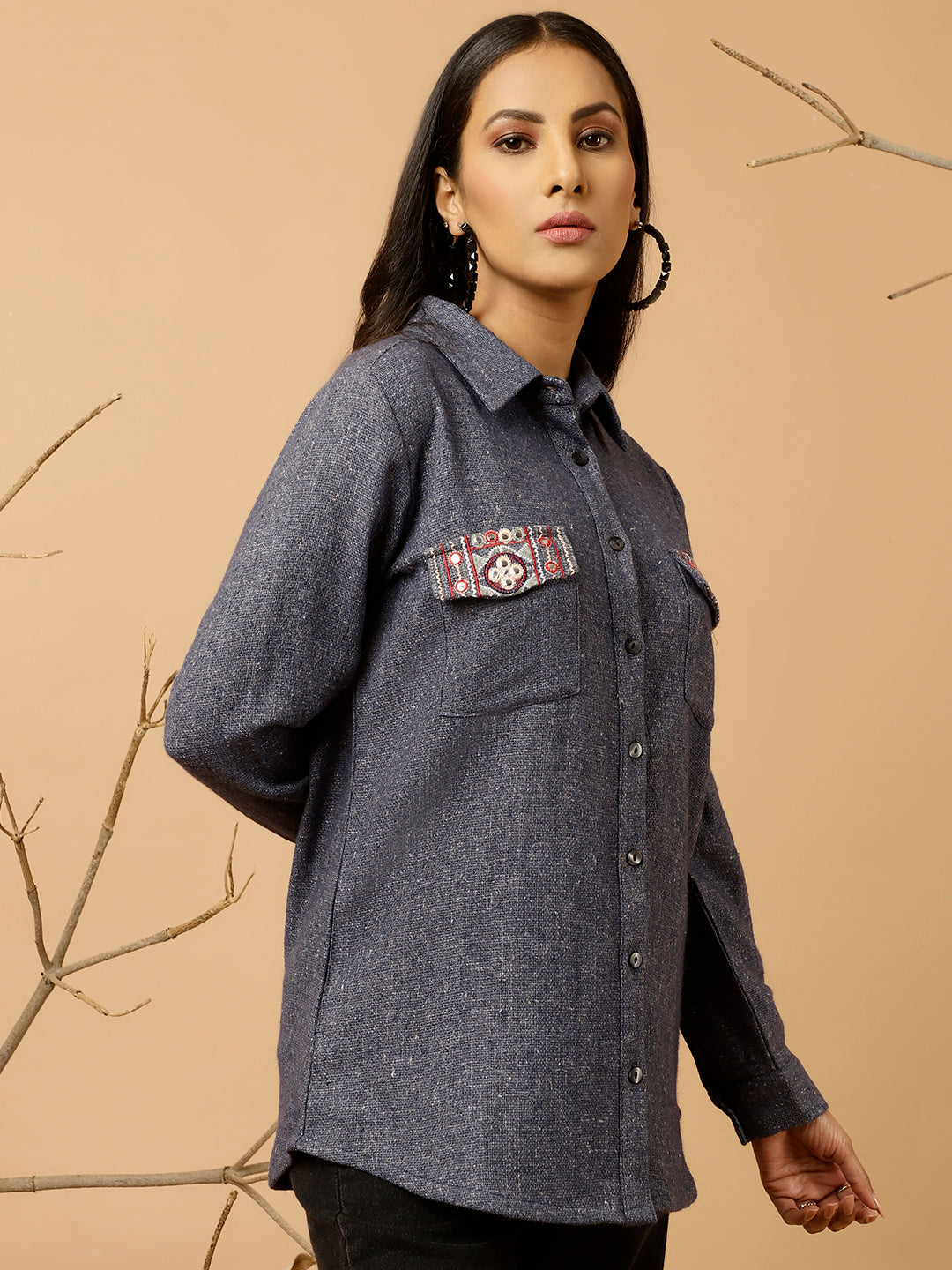 Navy Blue Embroidered Woolen Shirt