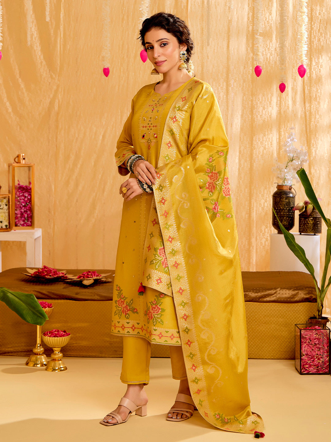 Mustard Jacquard Mirror Work Festive Kurta Set With Dupatta