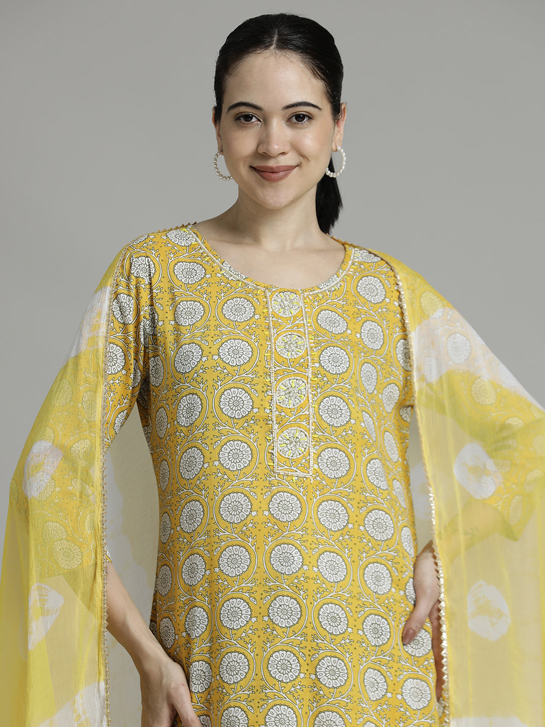 Yellow Ethnic Motif Cotton Kurta Set With Dupatta