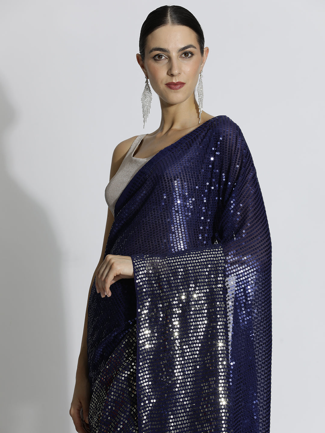 Royal Blue Sequin Embroidered Party Wear Tissue Saree