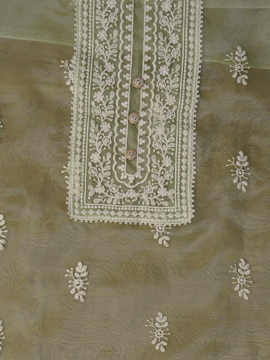 Pista Green Unstitched Embroidered Organza Dress Material With Dupatta