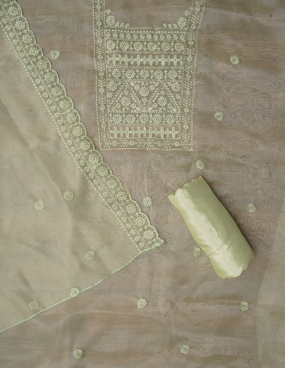 Green Unstitched Embroidered Organza Festive Dress Material With Dupatta