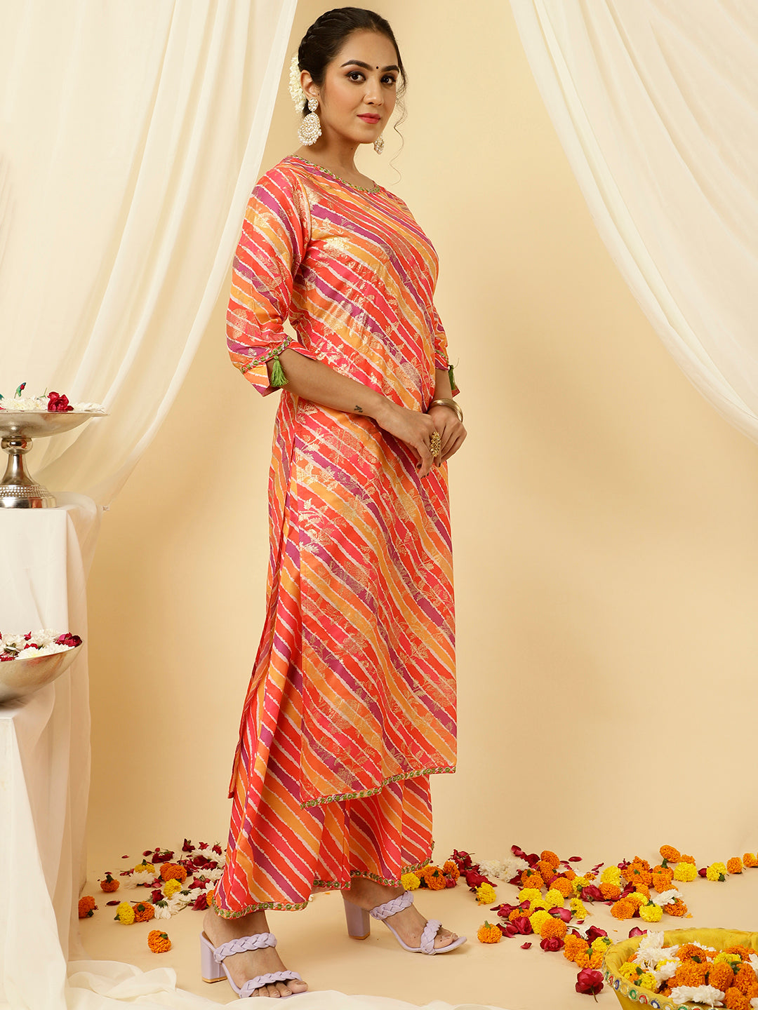 Orange Leheriya Straight Kurta With Palazzo And Dupatta