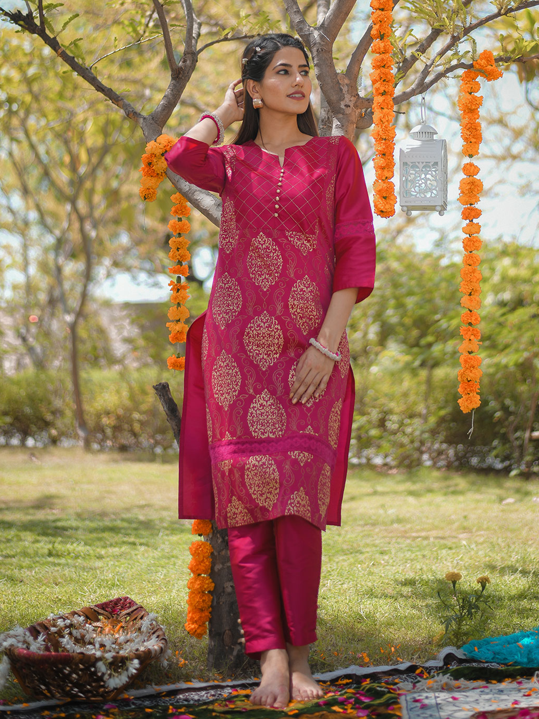 Pink Printed Straight Thread & Lace Work Kurta With Pants