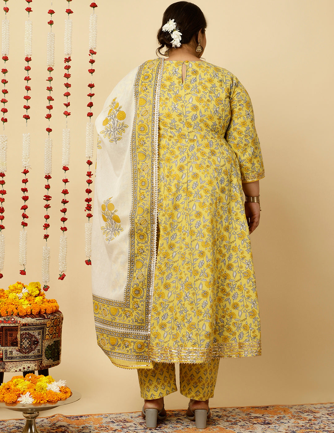 Plus Size Yellow Ethnic Print Anarkali Kurta With Pants And Dupatta
