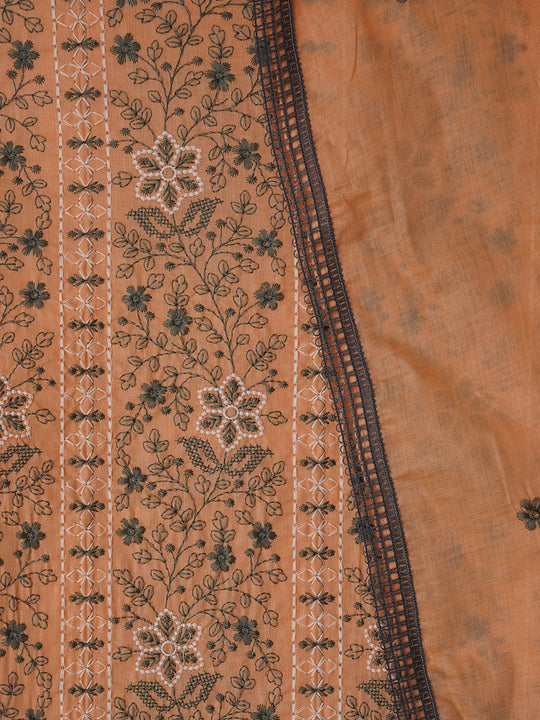 Peach Unstitched Embroidered Pure Cotton Dress Material With Dupatta