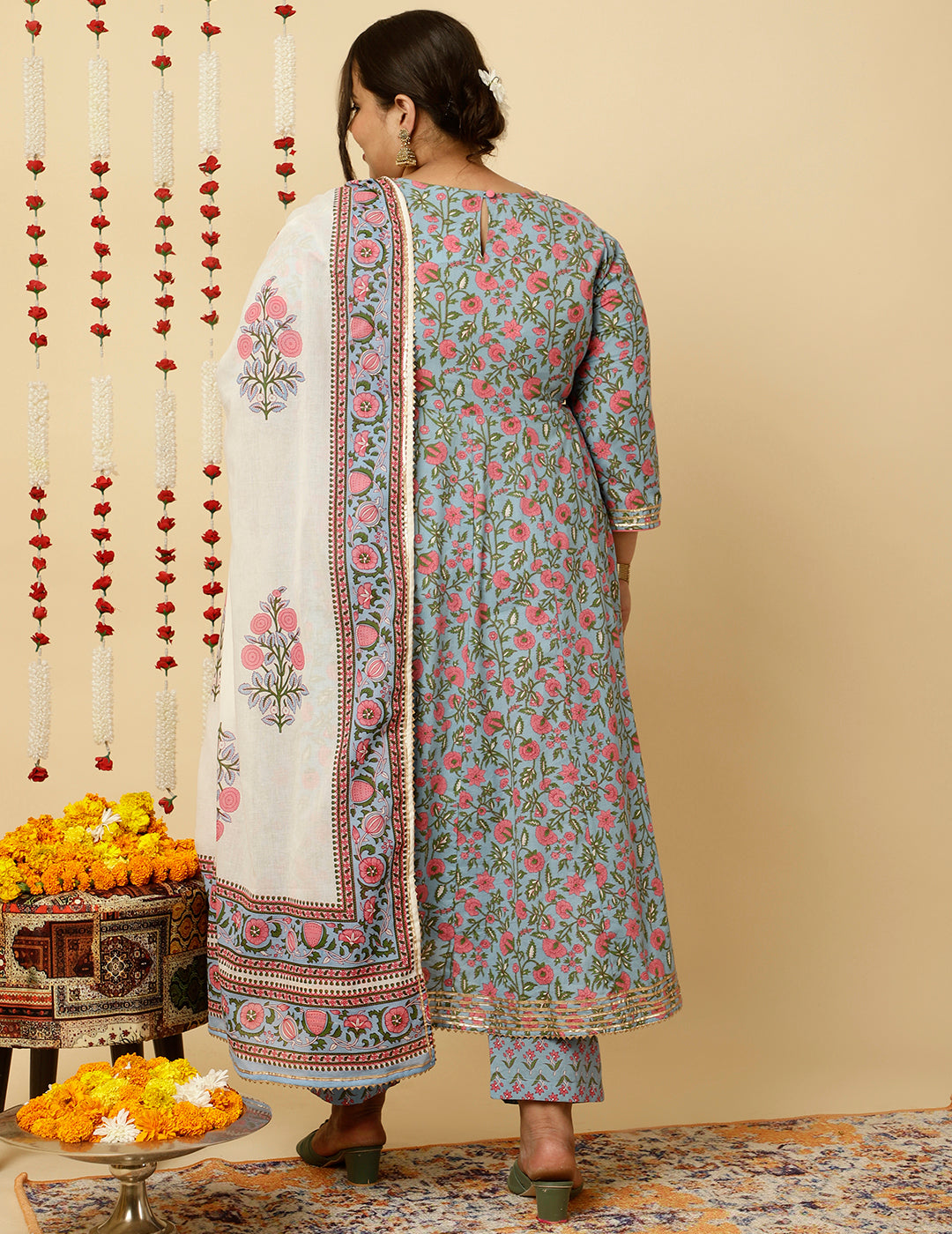 Plus Size Blue Ethnic Print Anarkali Kurta With Pants And Dupatta