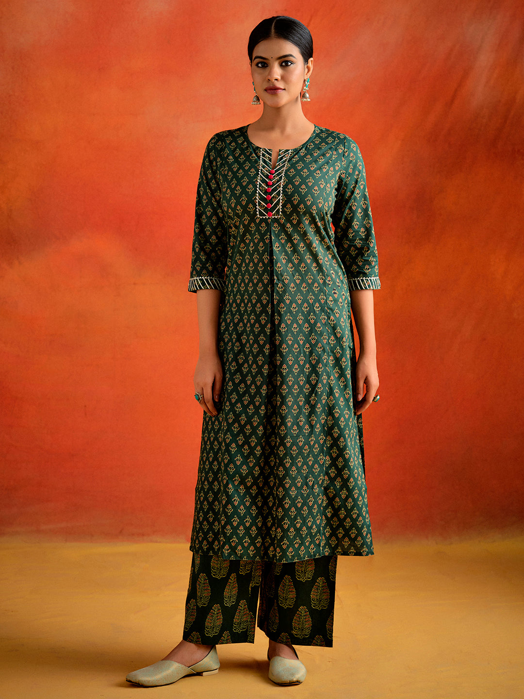 Dark Green Ethnic Motif Printed Straight Kurta With Palazzo