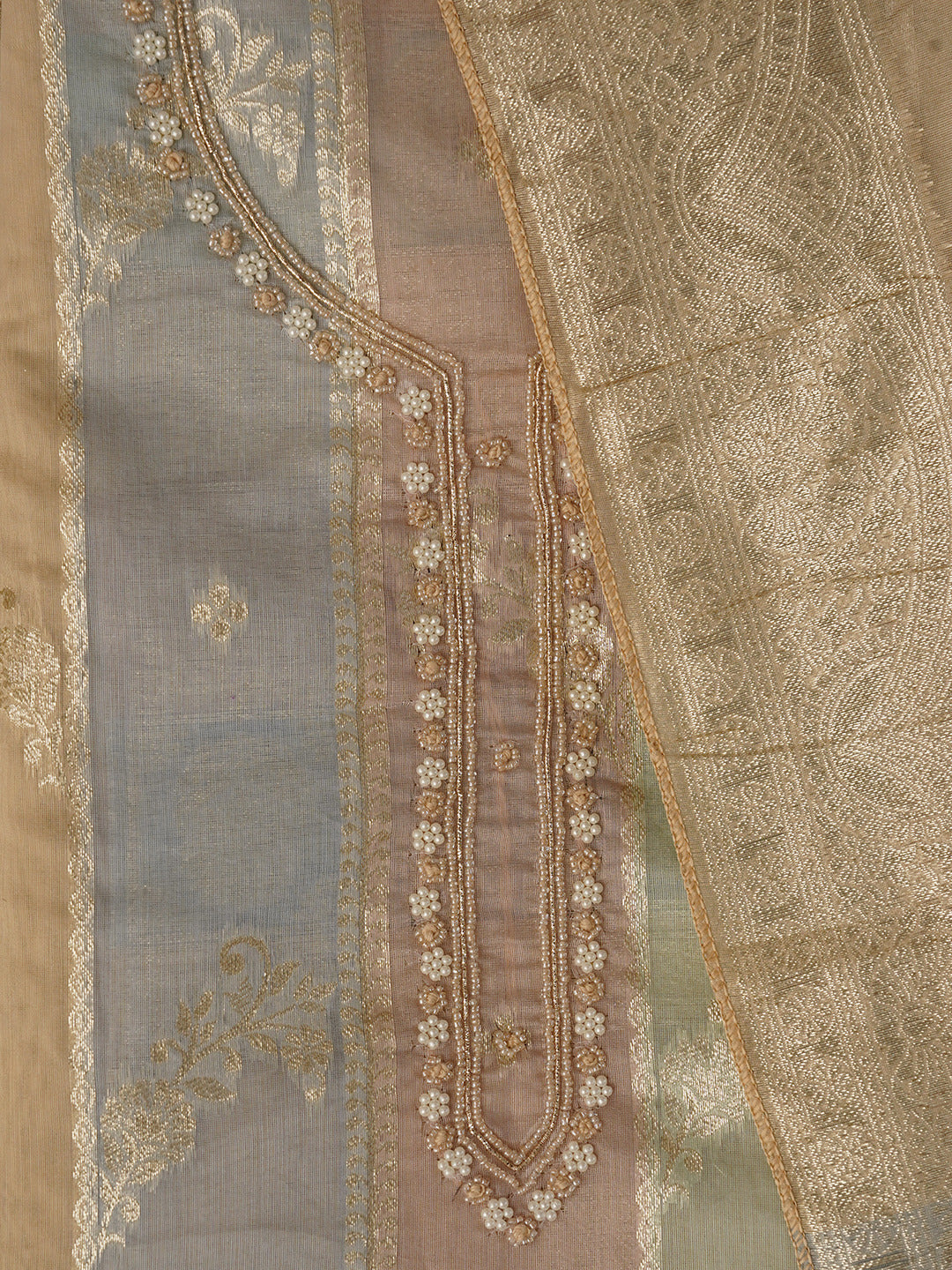 Multicolor Unstitched Woven Design Silk Blend Dress Material With Dupatta