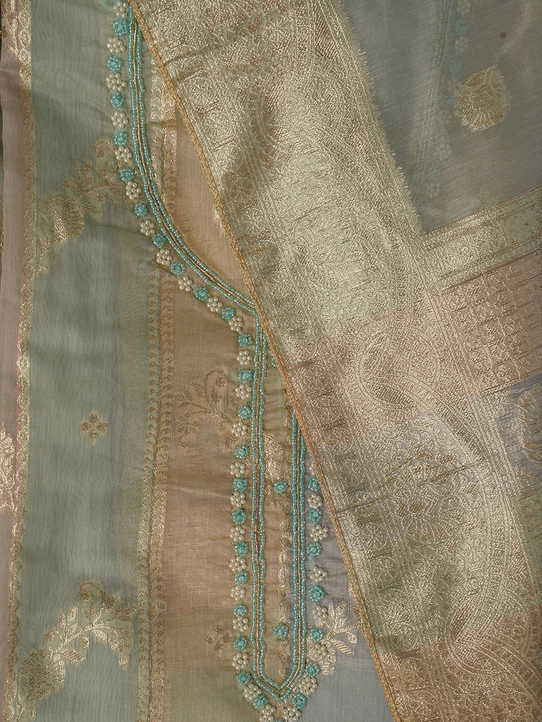 Unstitched Multicolor Woven Design Silk Blend Dress Material With Dupatta