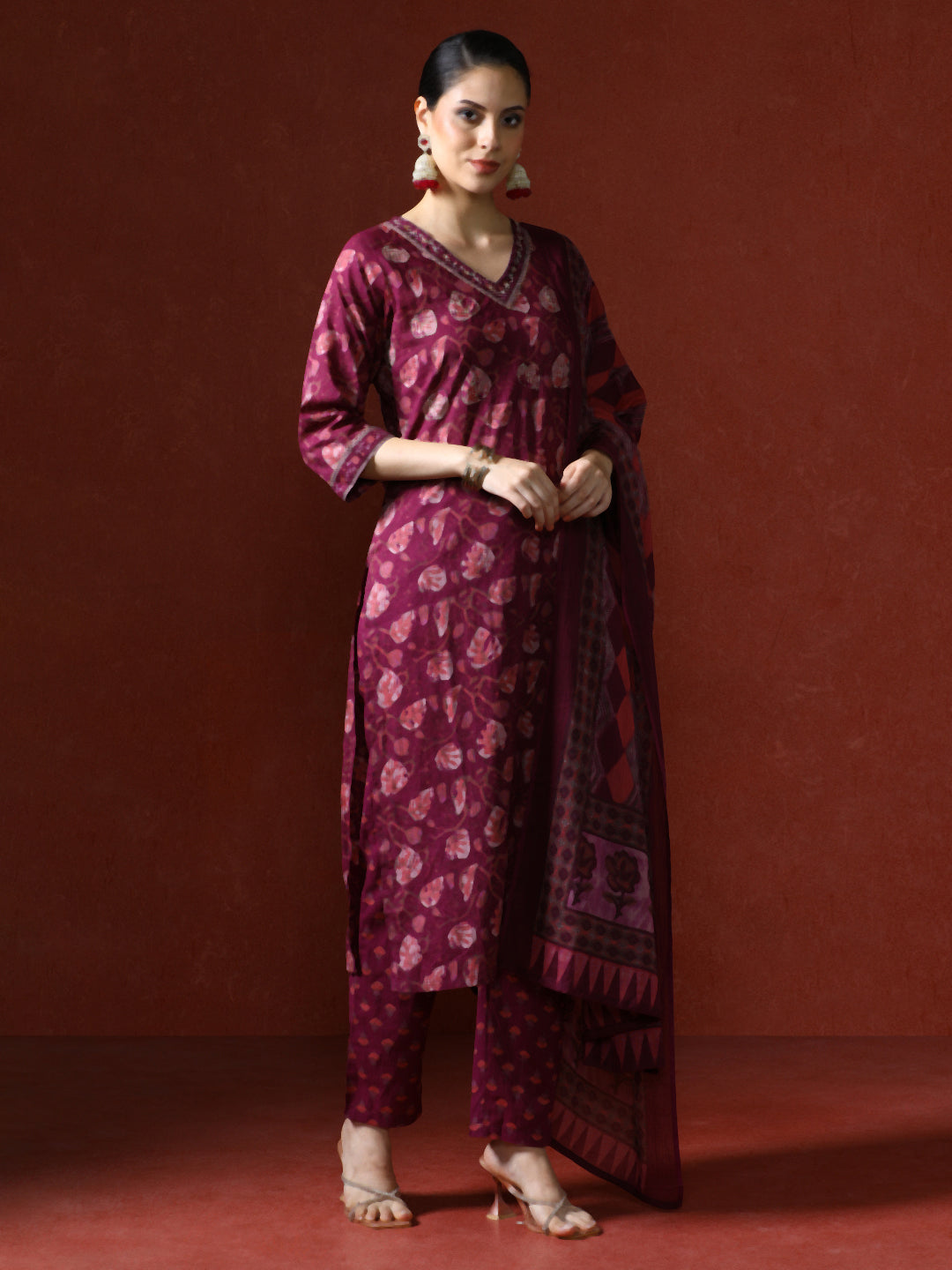 Ethnic Printed Cotton Red Kurta Set With Dupatta