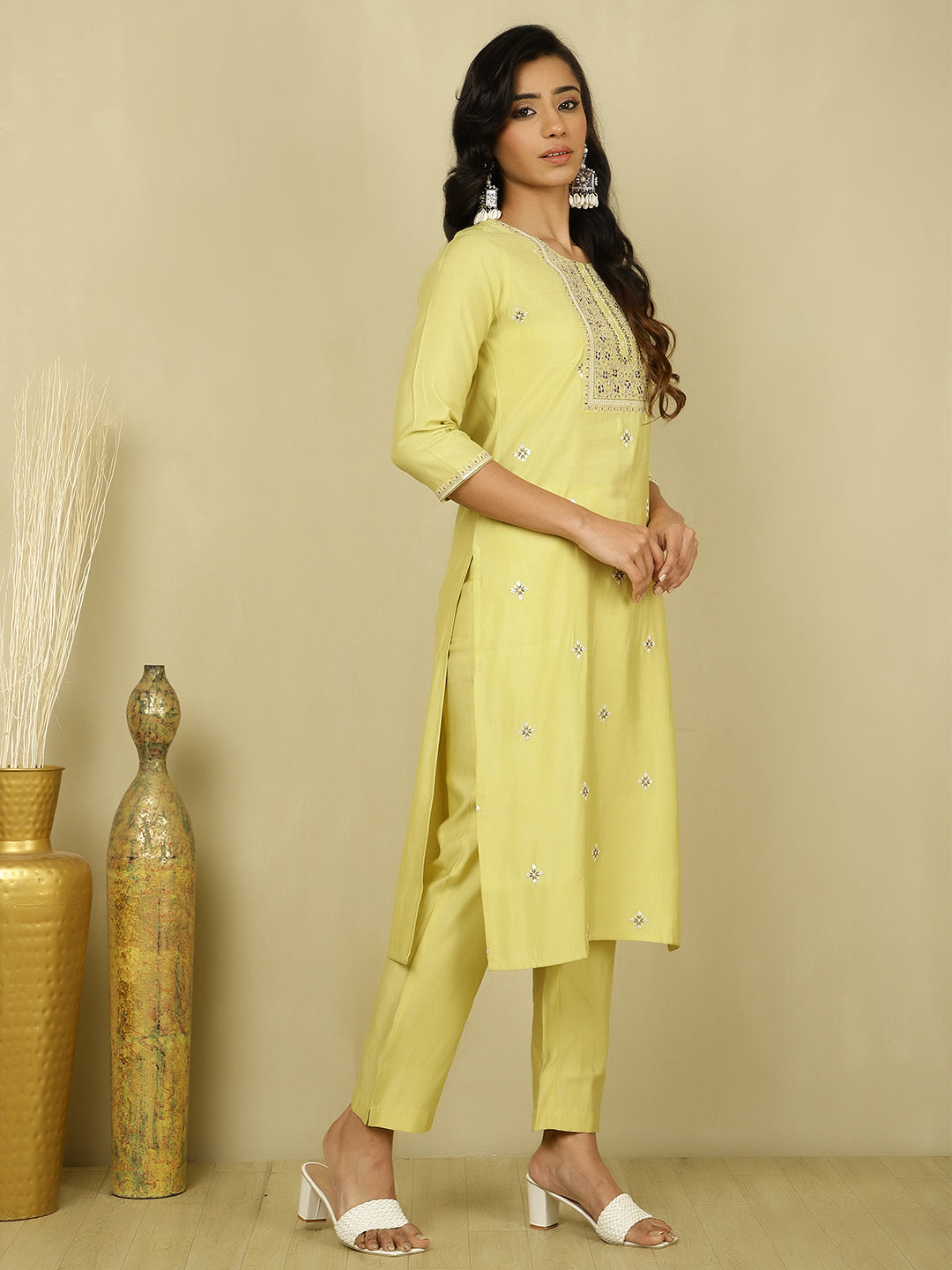 Lime Green Embroidered Festive Suit Set