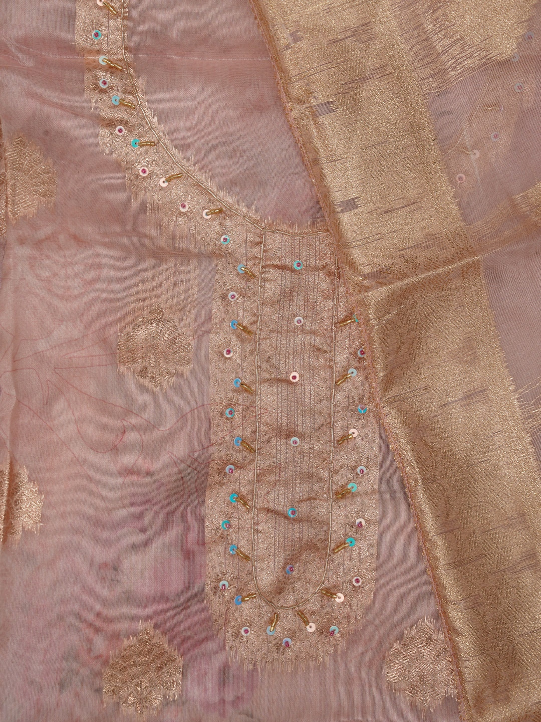 Peach Floral Printed Embellished Organza Dress Material with Dupatta