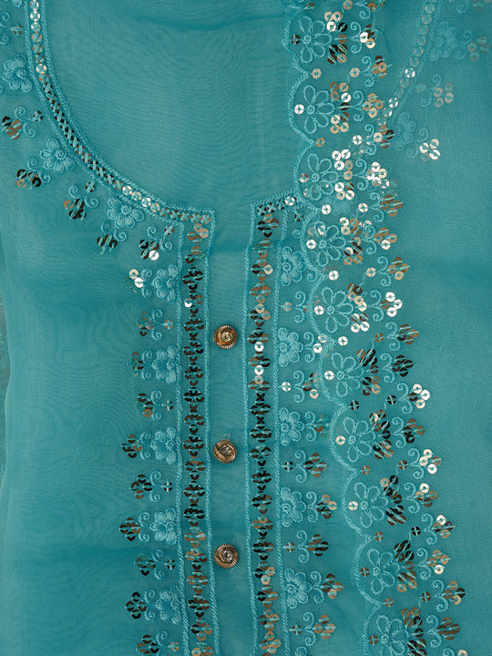 Sea Green Unstitched Embroidered Organza Dress Material With Dupatta