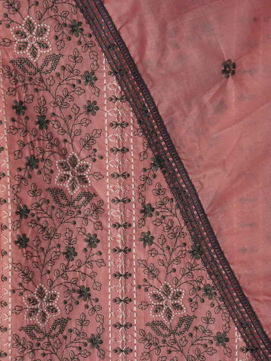 Pink Unstitched Embroidered Pure Cotton Dress Material With Dupatta