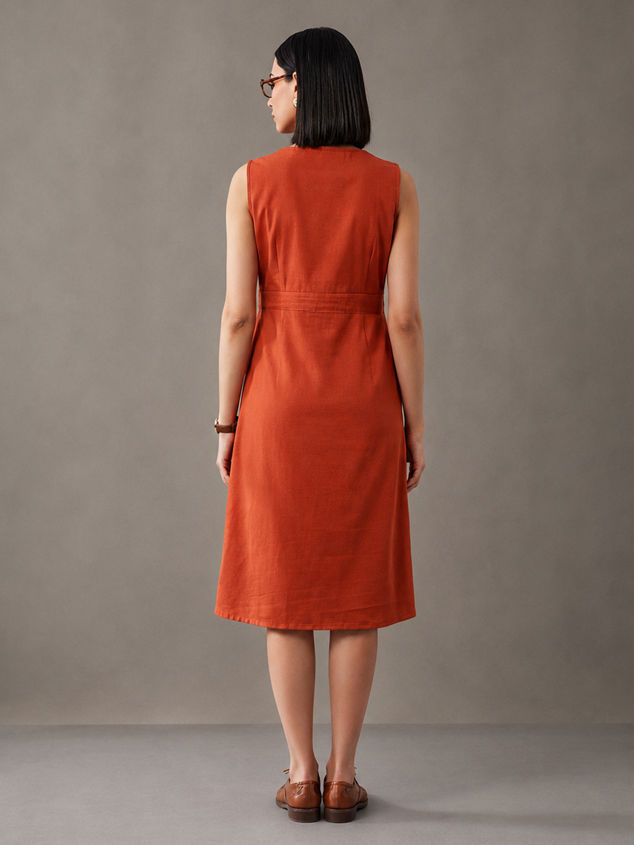 Rust Straight Fit Dress With Belt Detail