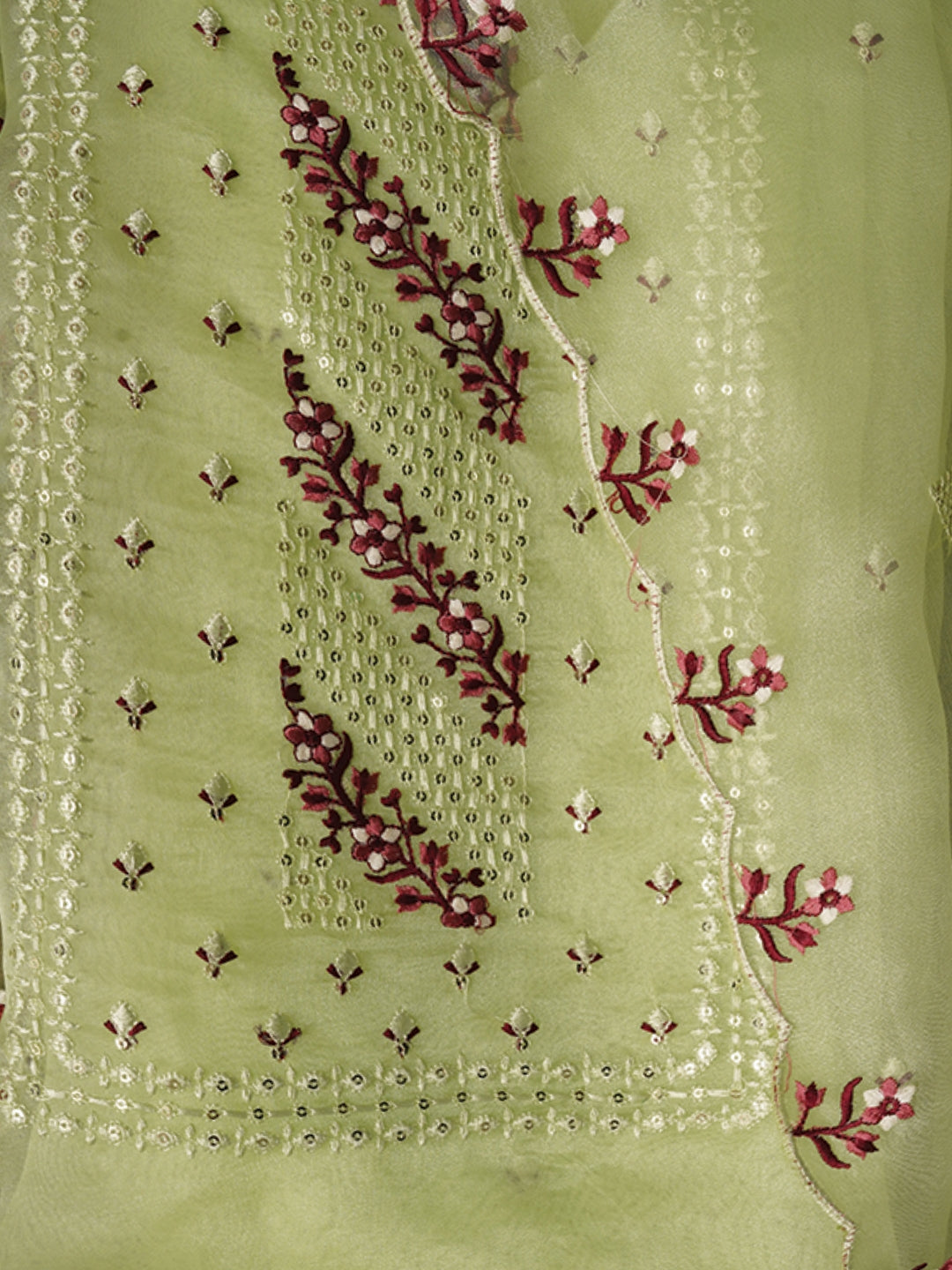 Zari Embroidered Organza Green Dress Material with Dupatta