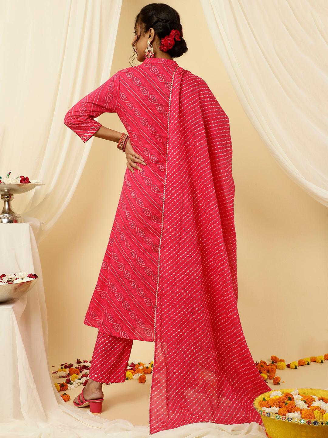 Fuchsia Pink Bandhani Angrakha Kurta With Leheriya Pants And Dupatta