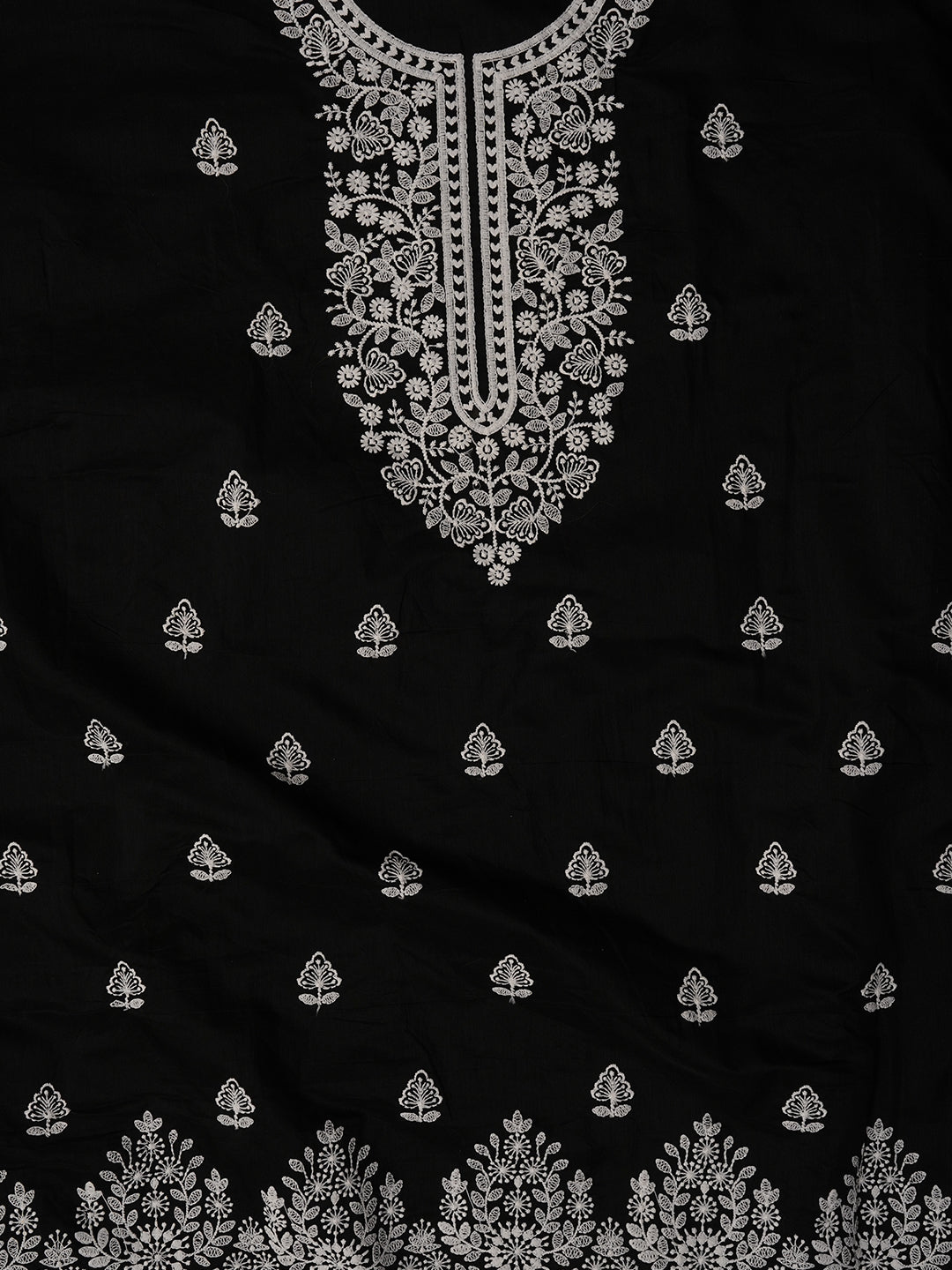 Unstitched Black Embroidered Cotton Blend Dress Material With Dupatta