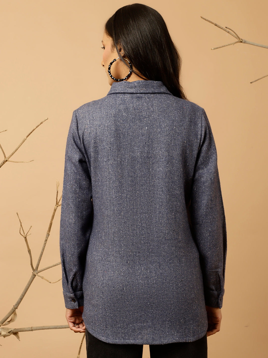 Navy Blue Embroidered Woolen Shirt