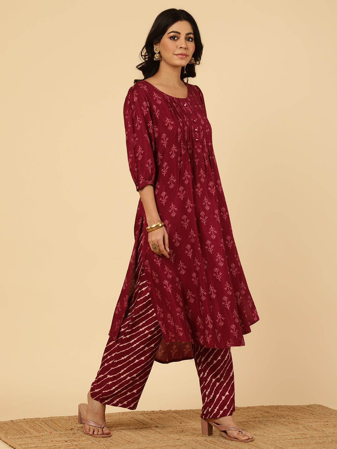 Wine Dola Silk Pleated Bandhani Kurta With Palazzo And Dupatta