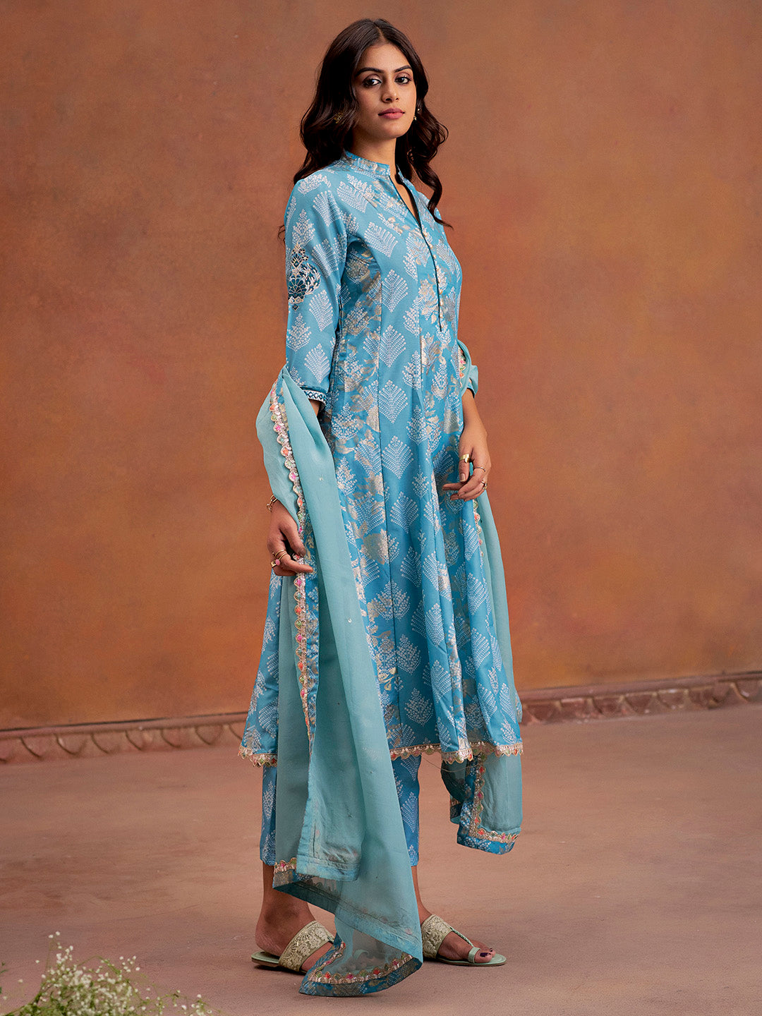 Blue Embroidered Bandhani Printed Festive Anarkali Kurta Set With Dupatta