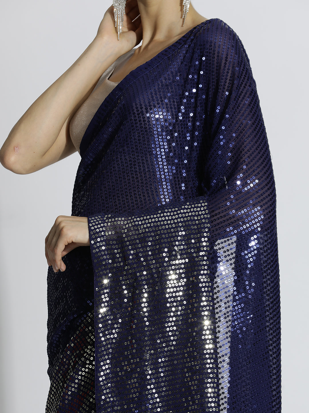 Royal Blue Sequin Embroidered Party Wear Tissue Saree