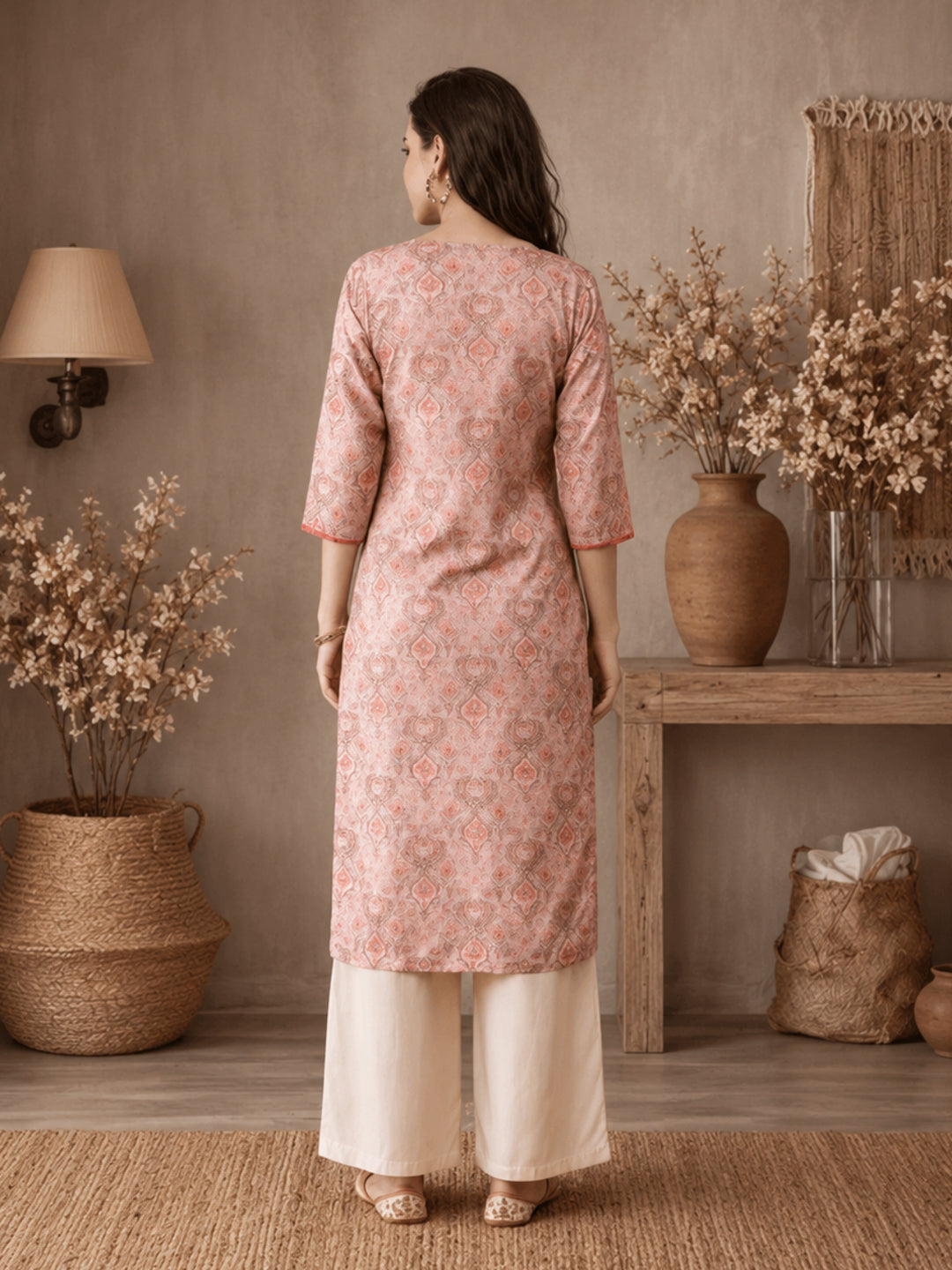 Ethnic Printed Peach Straight Kurta With Lace