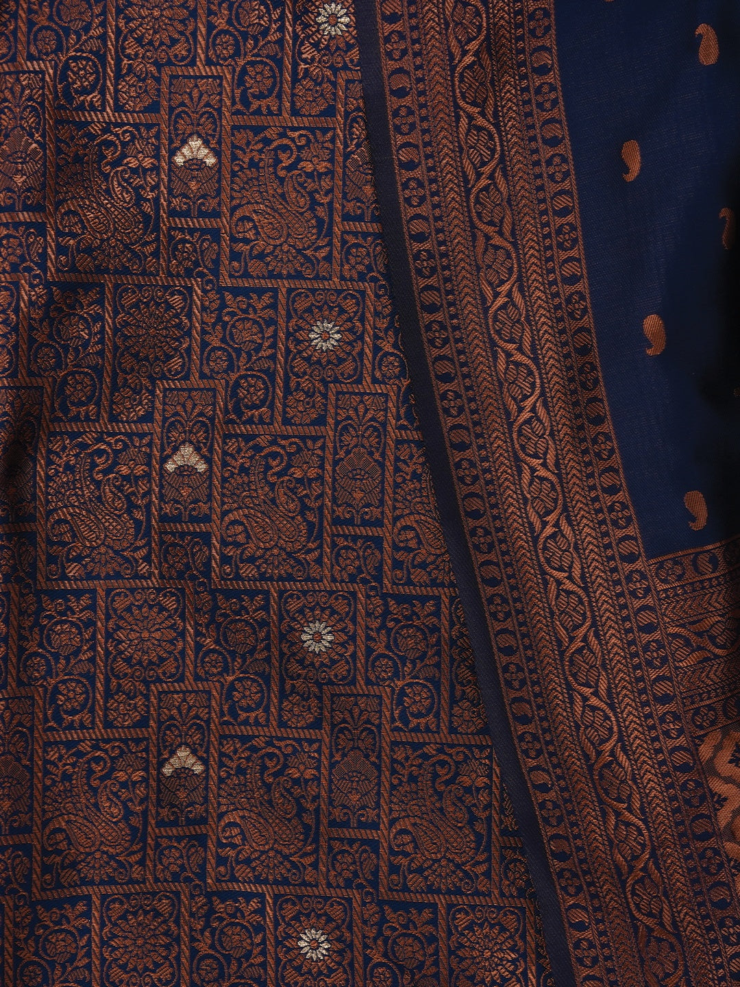 Navy Blue Floral Silk Zari Woven Dress Material with Dupatta
