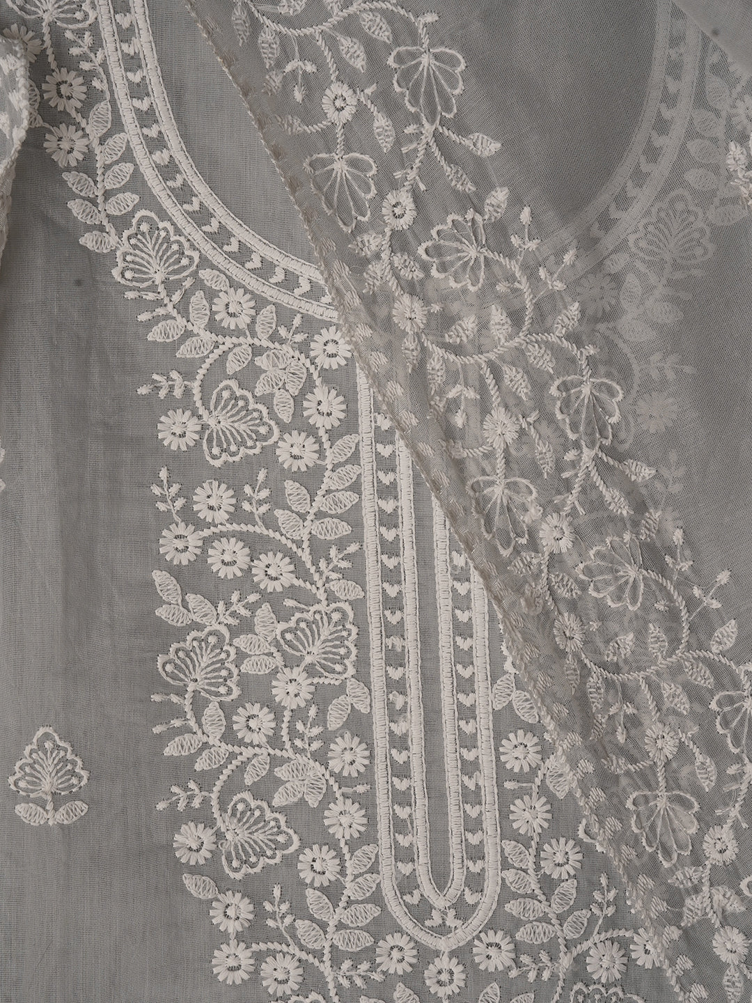 Unstitched Grey Embroidered Cotton Blend Dress Material With Dupatta