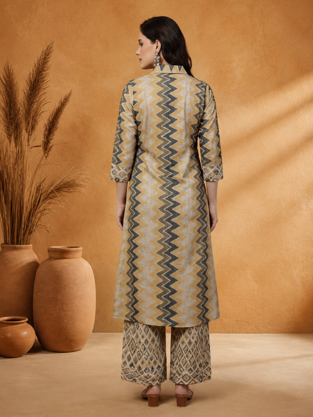 Green Geometric Printed A-line Kurta With Palazzo