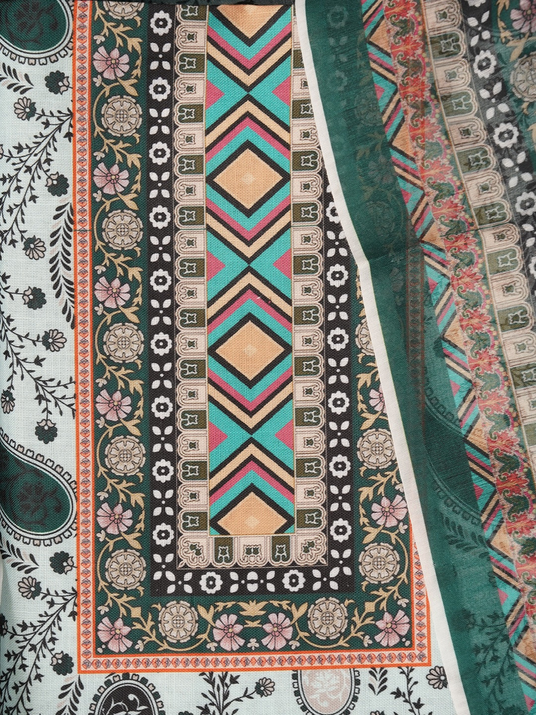 Green Paisley Printed Cotton Blend Dress Material with Dupatta