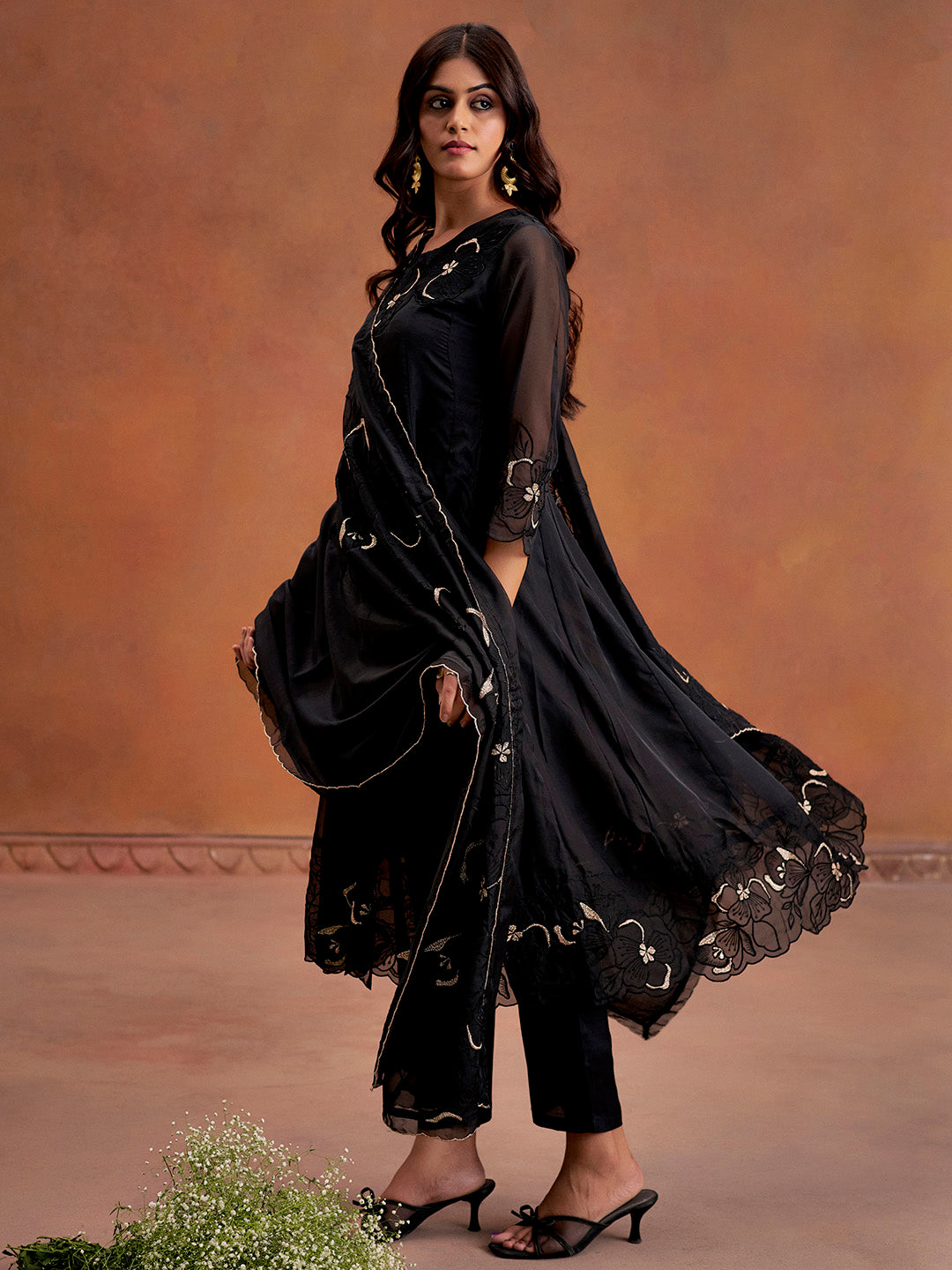 Black Patchwork Embroidered Festive Anarkali Kurta Set With Dupatta