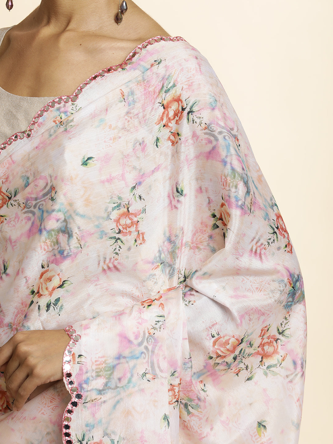 Off White Mirror Work Satin Floral Saree