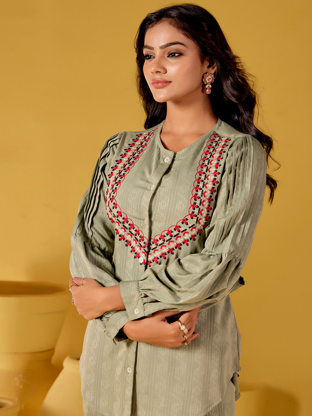 Olive Green Self Design Embroidered Festive Co-ord Set