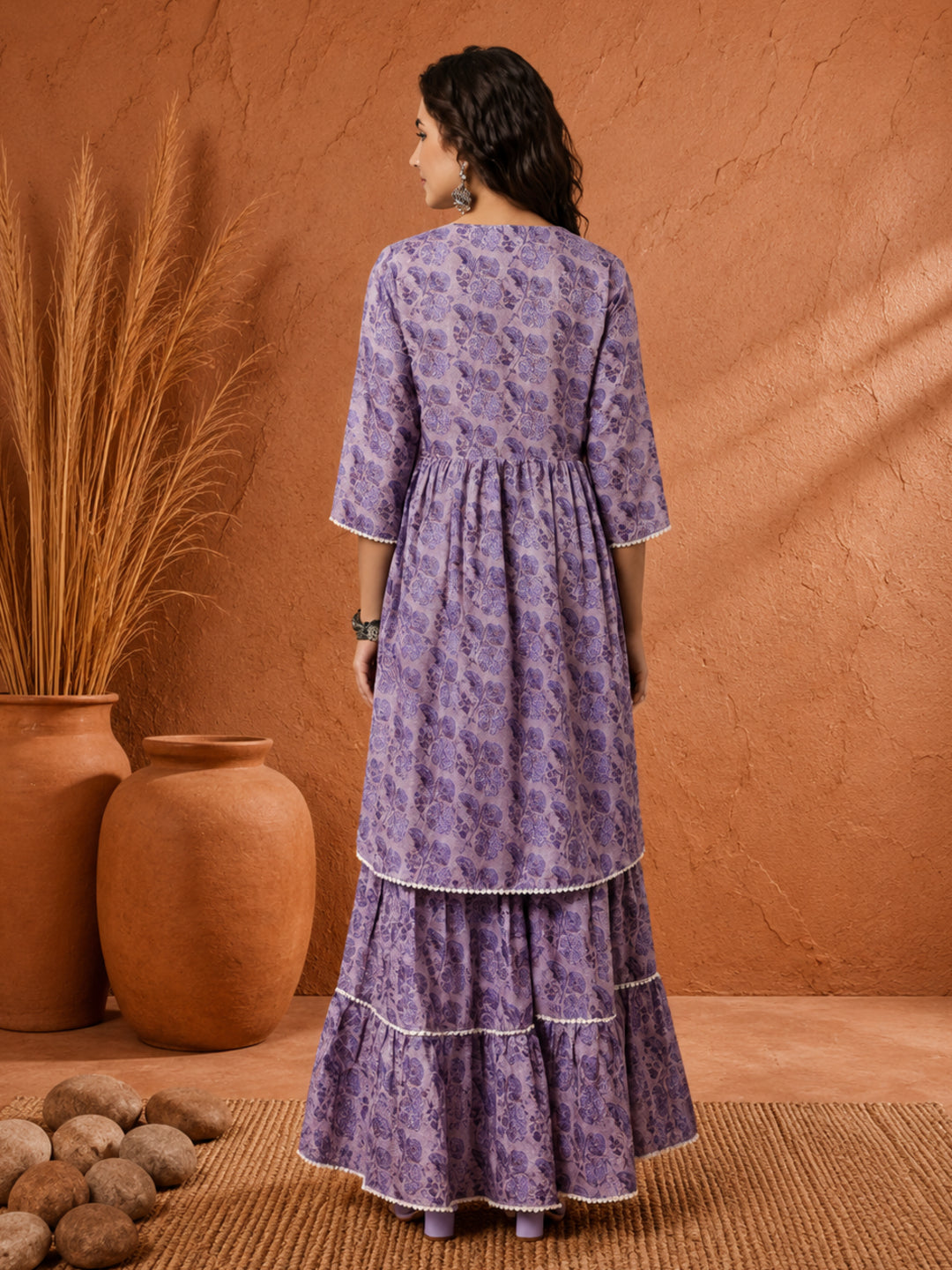 Lavender Floral Print Flared Kurta With Sharara