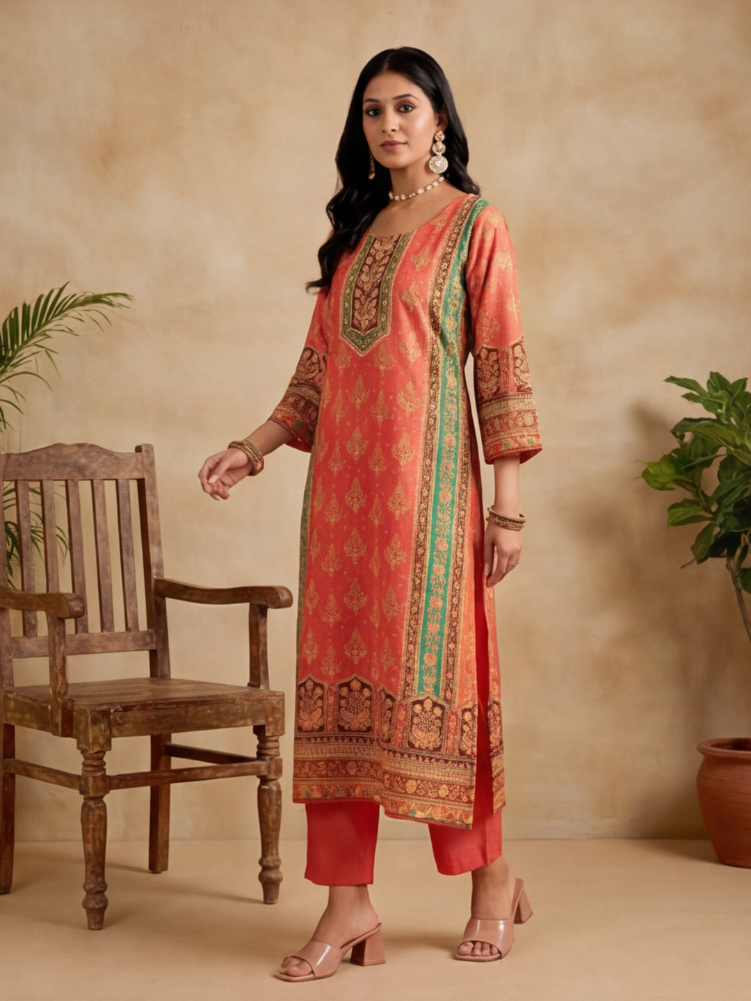 Ethnic Motifs Self Design Straight Kurta & Trousers Sets