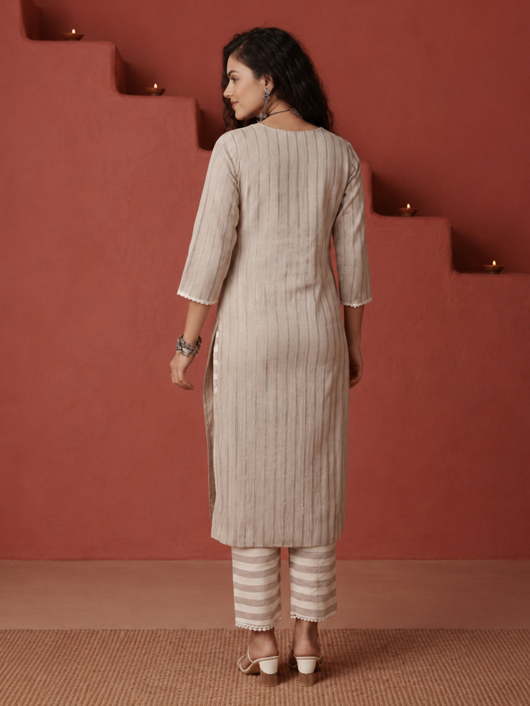 Cotton Lurex Stripes Kurta Set