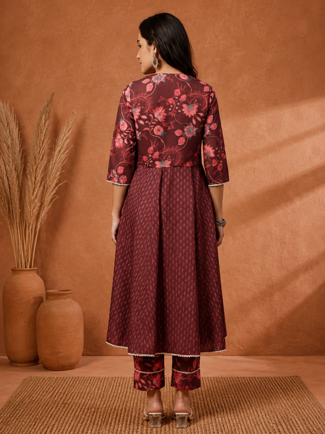 Brown Ethnic Print Flared Kurta With Shrug And Pants