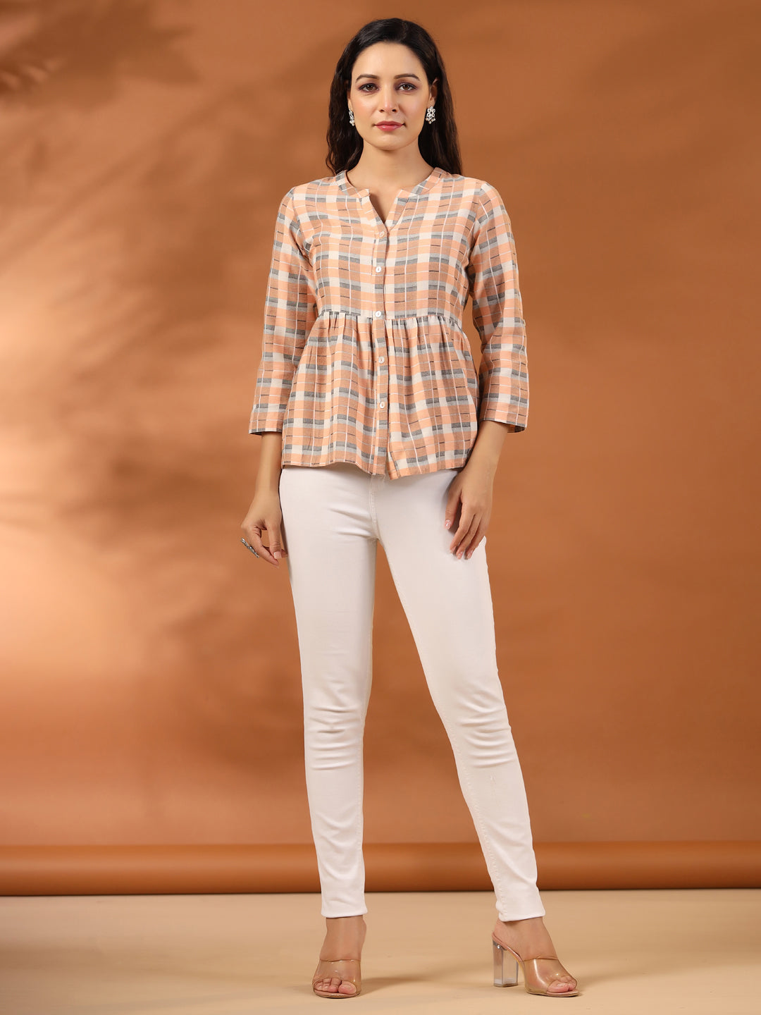 Peach And White Checks Cotton Gathered Shirt