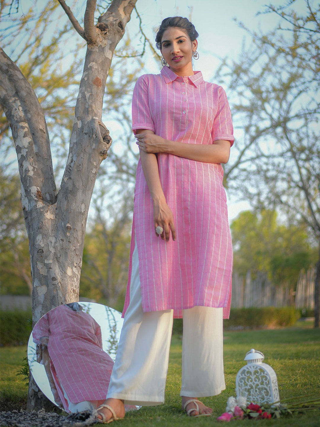 Pink Checked Straight Cotton Blend Kurta