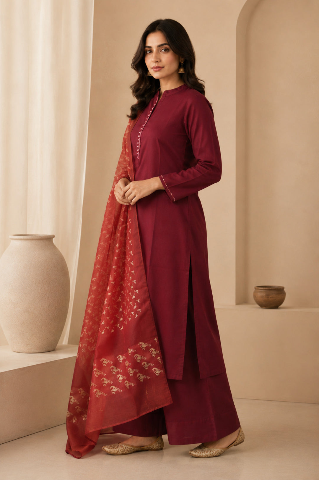 Solid Embroidered Straight Kurta & Palazzos Sets