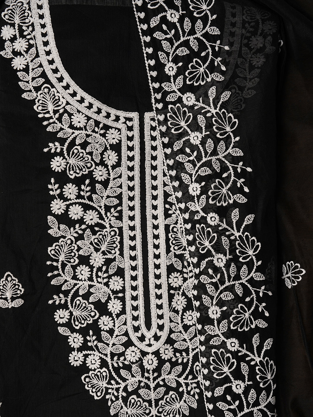 Unstitched Black Embroidered Cotton Blend Dress Material With Dupatta