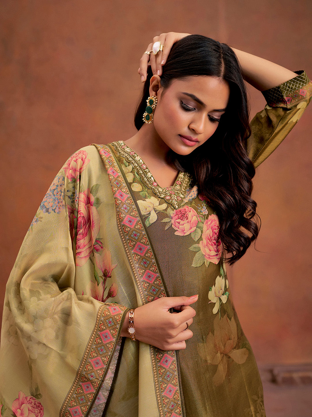 Mehendi Green Floral Printed Embroidered Kurta Set With Dupatta