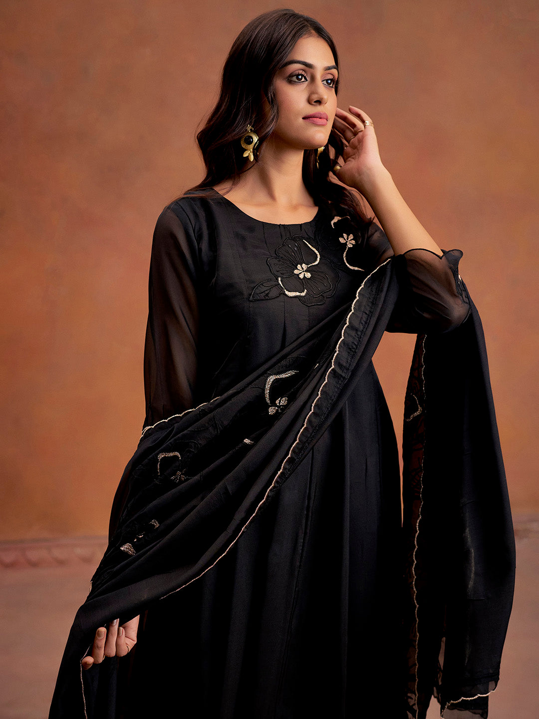 Black Patchwork Embroidered Festive Anarkali Kurta Set With Dupatta