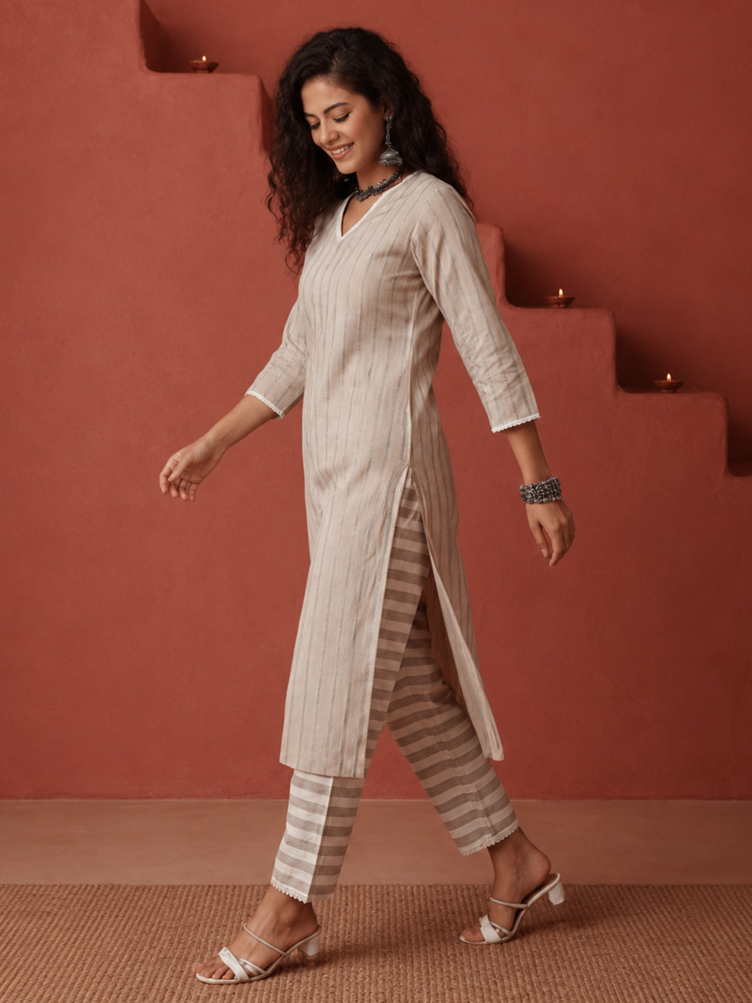 Cotton Lurex Stripes Kurta Set